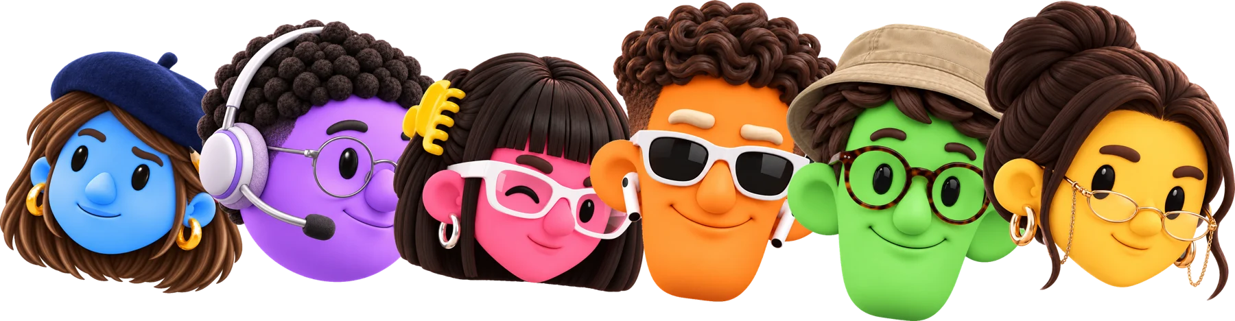 Os seis agentes do TUIFT Media juntos: Cloud, Bun, Moss, Pip, Penny e Zig